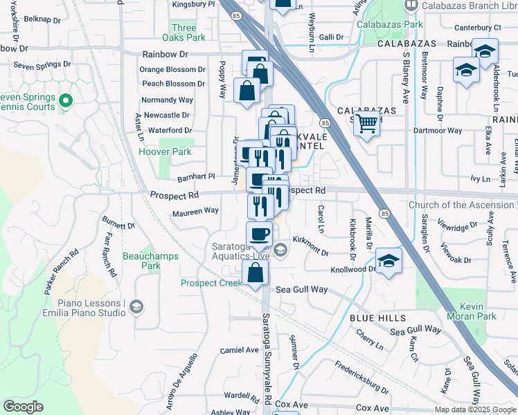 map of restaurants, bars, coffee shops, grocery stores, and more near 12029 Saratoga Sunnyvale Road in Saratoga