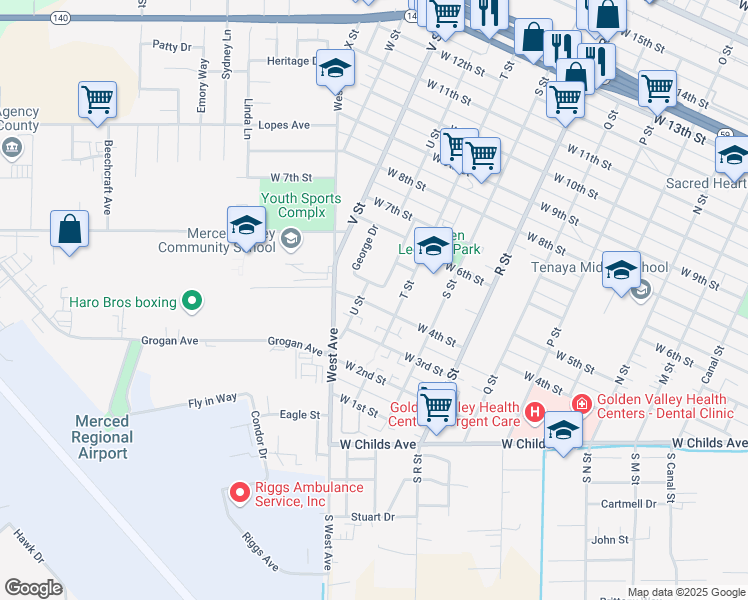 map of restaurants, bars, coffee shops, grocery stores, and more near 1345 West 4th Street in Merced