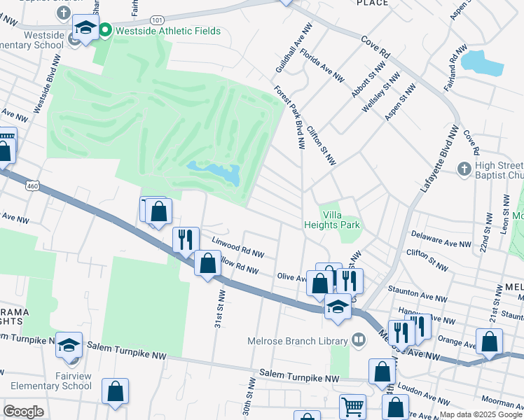 map of restaurants, bars, coffee shops, grocery stores, and more near 3031 Lombardy Avenue Northwest in Roanoke