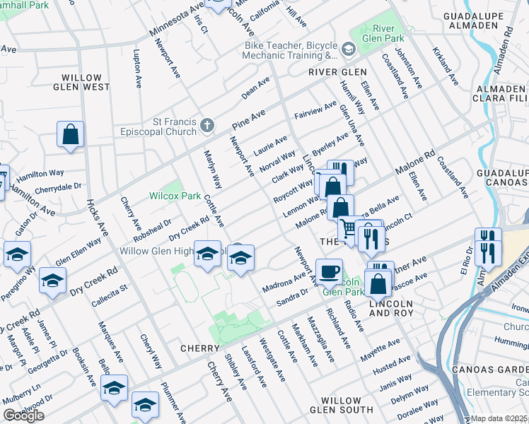 map of restaurants, bars, coffee shops, grocery stores, and more near 1218 Roycott Way in San Jose