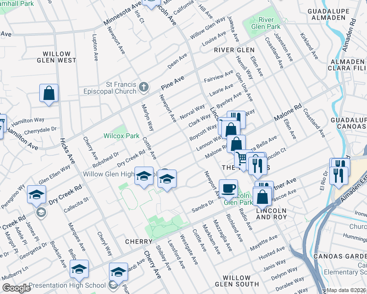 map of restaurants, bars, coffee shops, grocery stores, and more near 1218 Roycott Way in San Jose