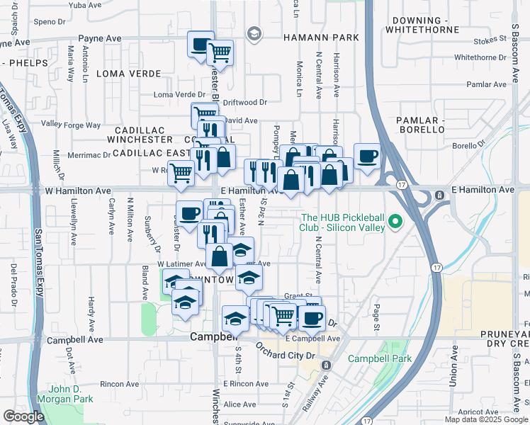 map of restaurants, bars, coffee shops, grocery stores, and more near 207 Watson Drive in Campbell