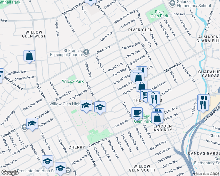 map of restaurants, bars, coffee shops, grocery stores, and more near 1218 Roycott Way in San Jose