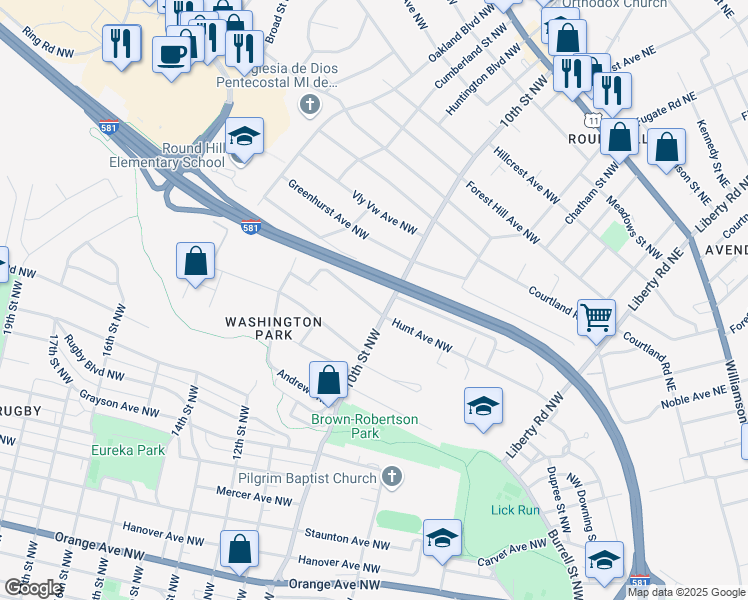map of restaurants, bars, coffee shops, grocery stores, and more near 1015 Hunt Avenue Northwest in Roanoke