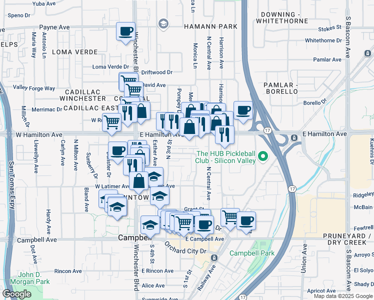 map of restaurants, bars, coffee shops, grocery stores, and more near 247 Watson Drive in Campbell