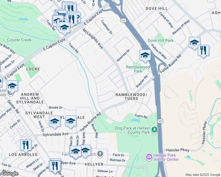 map of restaurants, bars, coffee shops, grocery stores, and more near 1068 Kitchener Circle in San Jose