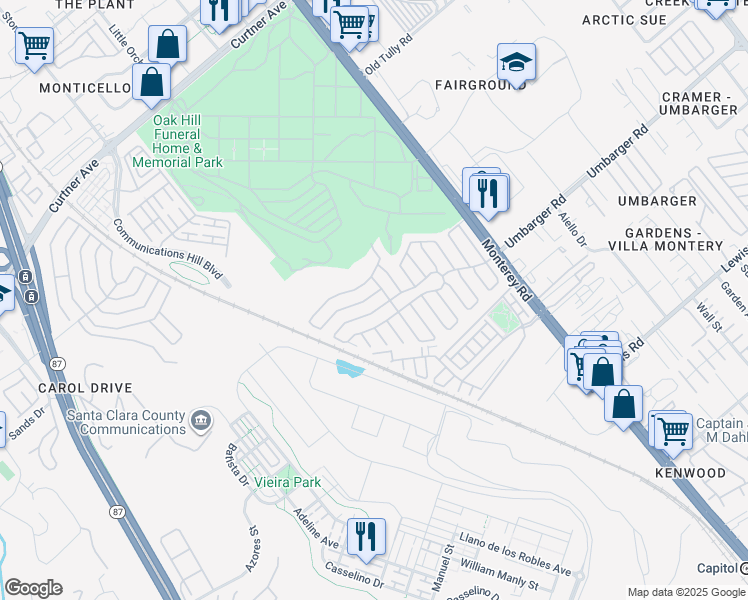 map of restaurants, bars, coffee shops, grocery stores, and more near 320 Chateau La Salle Drive in San Jose
