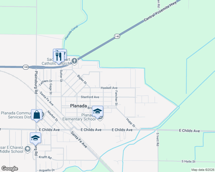 map of restaurants, bars, coffee shops, grocery stores, and more near in Planada