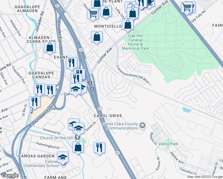 map of restaurants, bars, coffee shops, grocery stores, and more near 491 Mill Pond Drive in San Jose