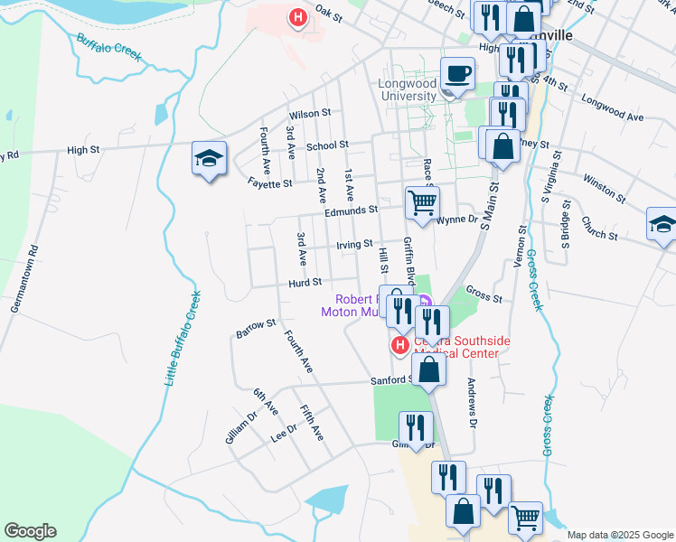 map of restaurants, bars, coffee shops, grocery stores, and more near 714 2nd Avenue in Farmville