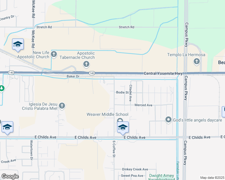 map of restaurants, bars, coffee shops, grocery stores, and more near 1737 North Coffee Street in Merced