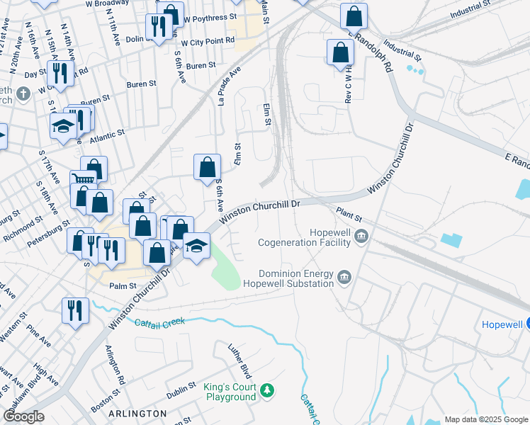 map of restaurants, bars, coffee shops, grocery stores, and more near 1104 South 2nd Avenue in Hopewell