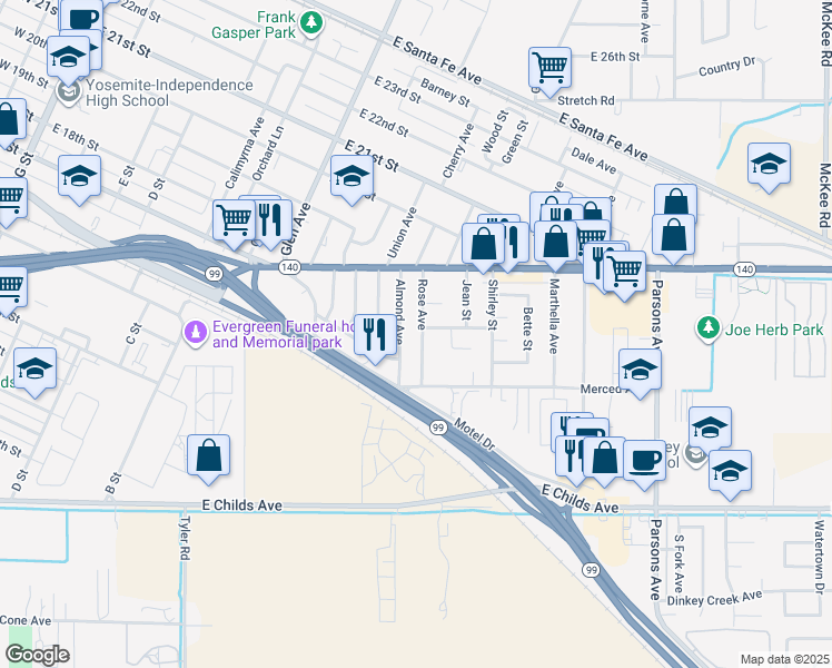 map of restaurants, bars, coffee shops, grocery stores, and more near 1675 Rose Avenue in Merced