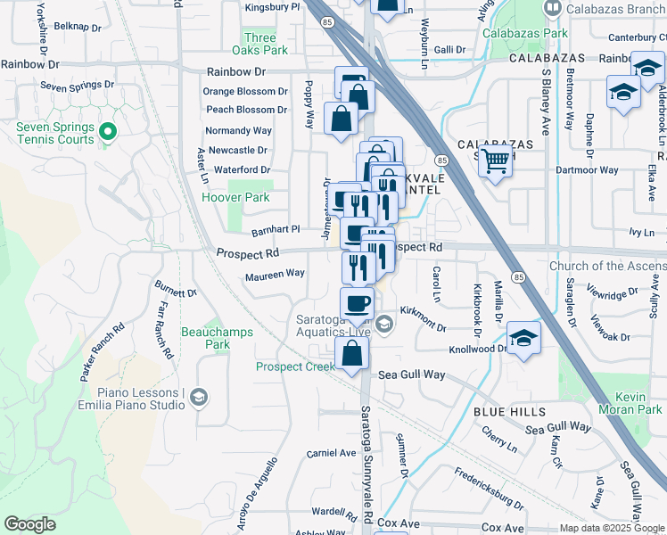 map of restaurants, bars, coffee shops, grocery stores, and more near 12062 Jamestown Court in Saratoga