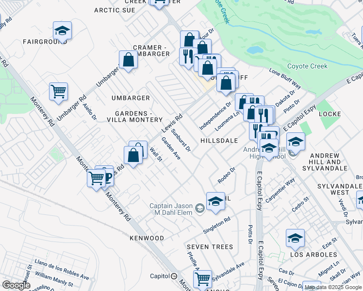 map of restaurants, bars, coffee shops, grocery stores, and more near 3004 Sunburst Drive in San Jose
