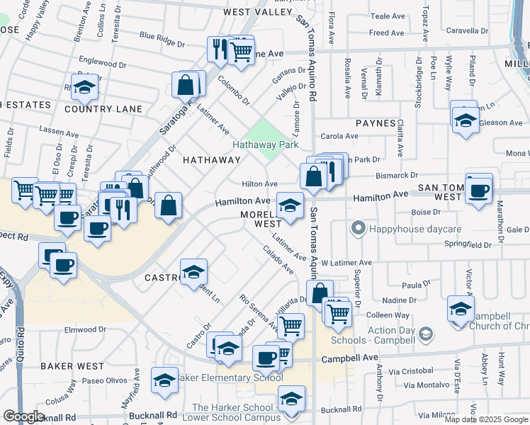 map of restaurants, bars, coffee shops, grocery stores, and more near 1564 Duvall Drive in San Jose