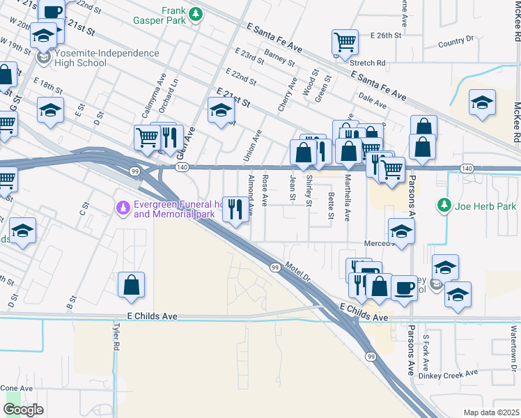 map of restaurants, bars, coffee shops, grocery stores, and more near 1675 Rose Avenue in Merced