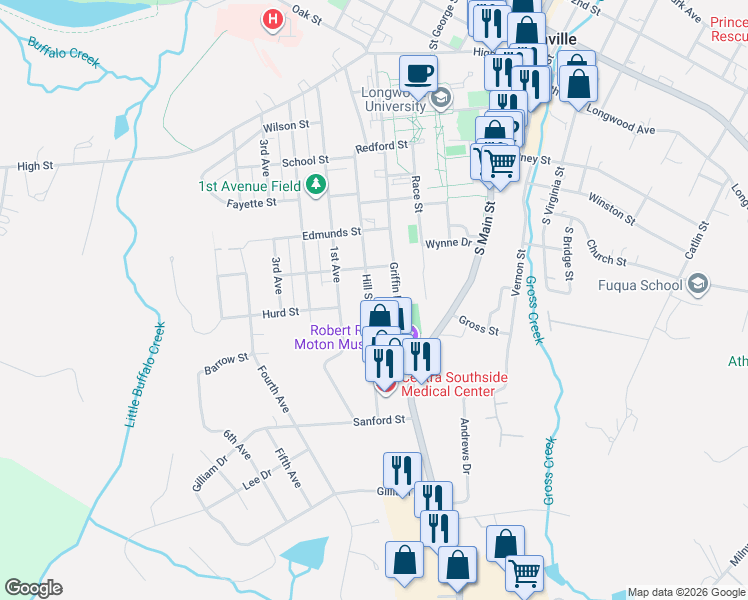 map of restaurants, bars, coffee shops, grocery stores, and more near 808 Hill Street in Farmville