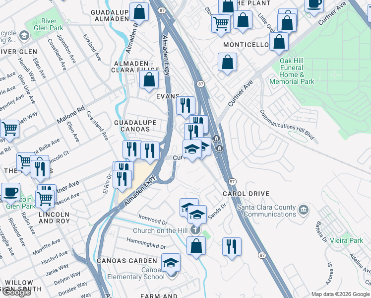 map of restaurants, bars, coffee shops, grocery stores, and more near in San Jose