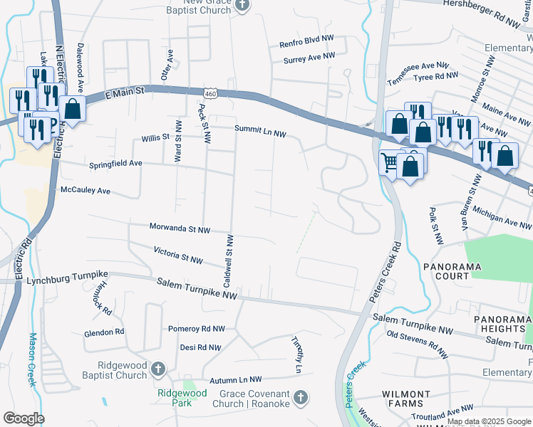 map of restaurants, bars, coffee shops, grocery stores, and more near 820 Brownwood Drive Northwest in Roanoke