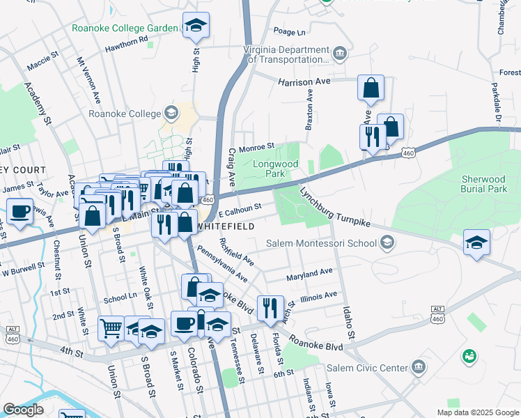 map of restaurants, bars, coffee shops, grocery stores, and more near 626 East Calhoun Street in Salem