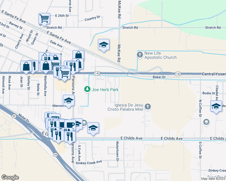 map of restaurants, bars, coffee shops, grocery stores, and more near 2240 Golden Oak Lane in Merced