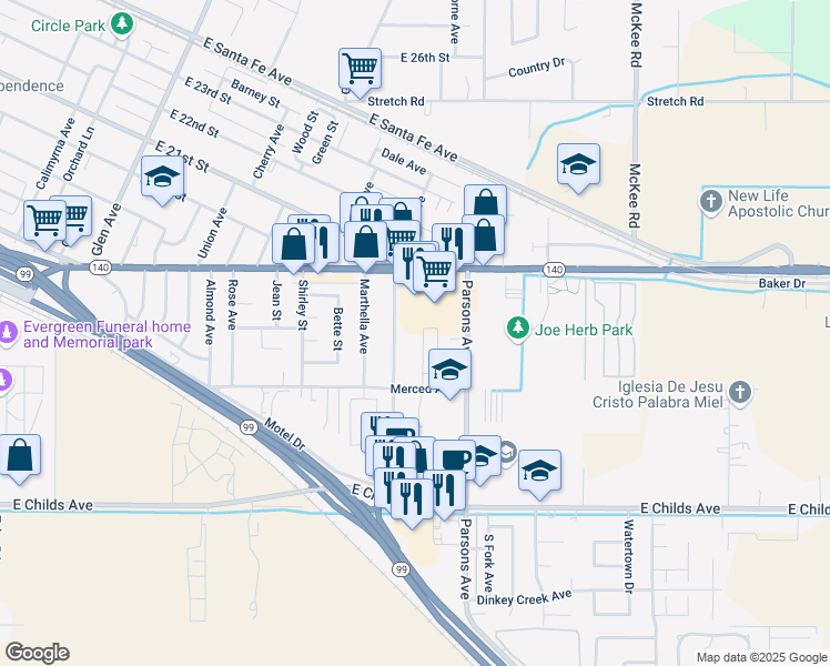 map of restaurants, bars, coffee shops, grocery stores, and more near 1680 Ellen Avenue in Merced