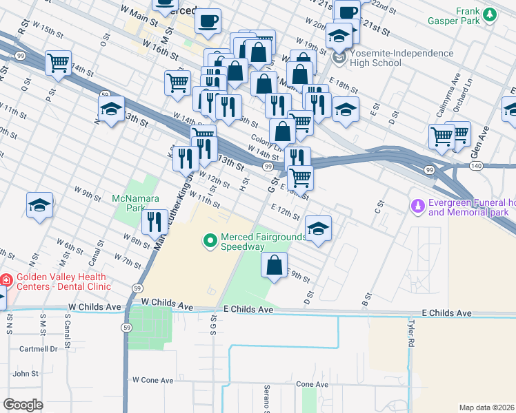 map of restaurants, bars, coffee shops, grocery stores, and more near 35 West 11th Street in Merced