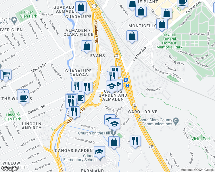 map of restaurants, bars, coffee shops, grocery stores, and more near in San Jose
