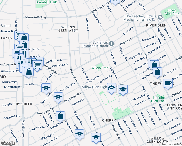 map of restaurants, bars, coffee shops, grocery stores, and more near 1804 Cherry Avenue in San Jose