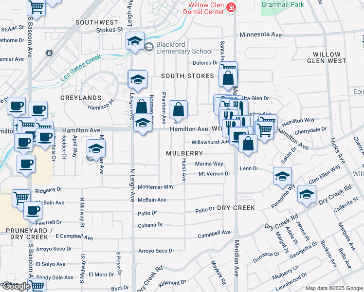 map of restaurants, bars, coffee shops, grocery stores, and more near 1657 Hurst Avenue in San Jose