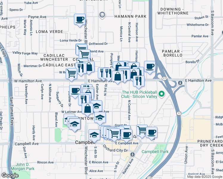 map of restaurants, bars, coffee shops, grocery stores, and more near 247 Watson Drive in Campbell