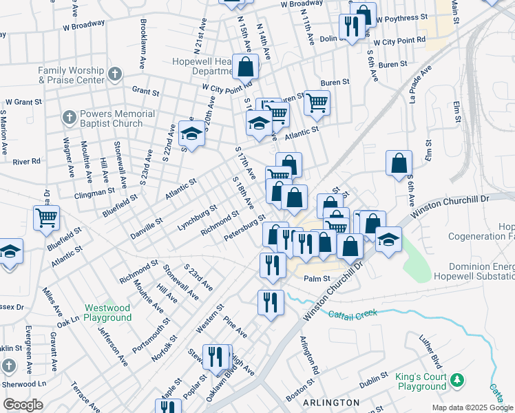 map of restaurants, bars, coffee shops, grocery stores, and more near 431 South 18th Avenue in Hopewell