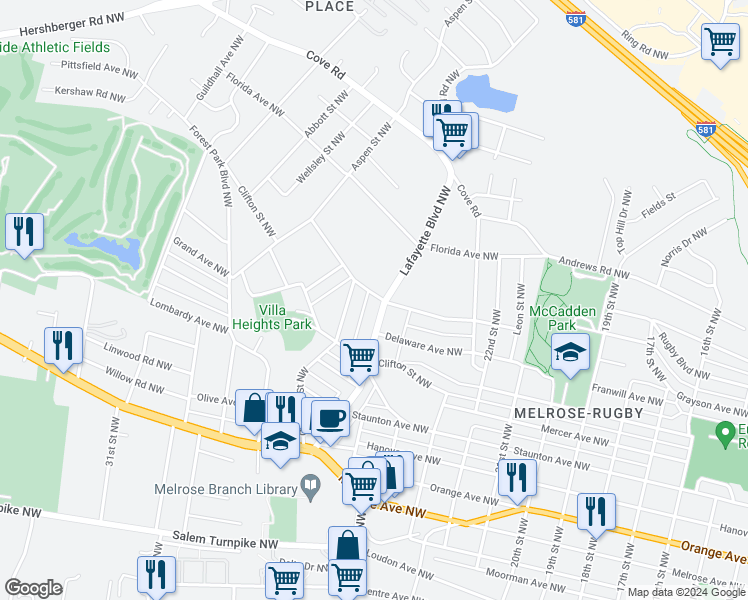 map of restaurants, bars, coffee shops, grocery stores, and more near 1326 Lafayette Boulevard Northwest in Roanoke