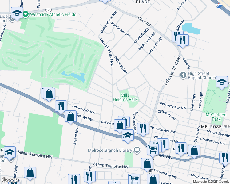 map of restaurants, bars, coffee shops, grocery stores, and more near 1125 Forest Park Boulevard Northwest in Roanoke