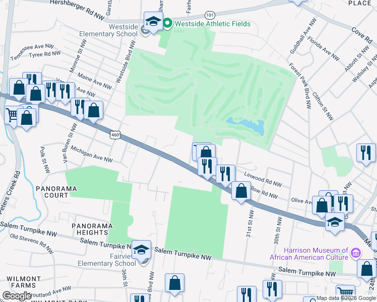 map of restaurants, bars, coffee shops, grocery stores, and more near 1024 Country Club Drive Northwest in Roanoke