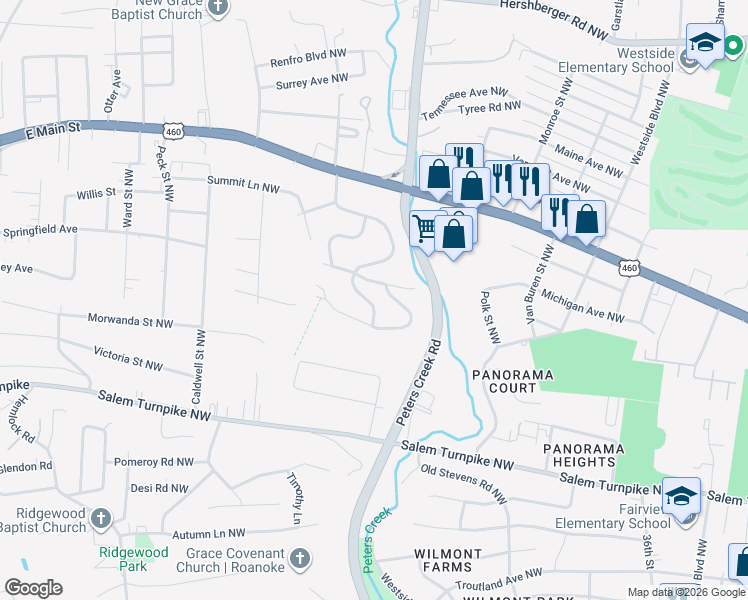 map of restaurants, bars, coffee shops, grocery stores, and more near 926 Glenn Ridge Road Northwest in Roanoke