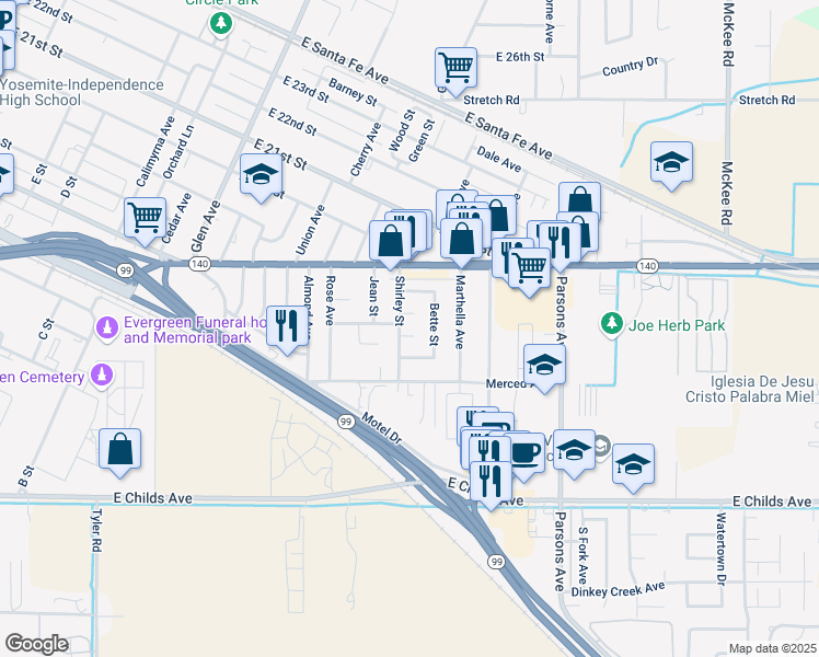 map of restaurants, bars, coffee shops, grocery stores, and more near 1535 Ann Court in Merced