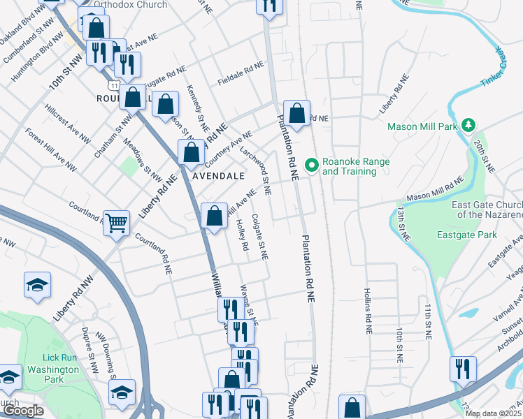 map of restaurants, bars, coffee shops, grocery stores, and more near 2127 Colgate Street Northeast in Roanoke