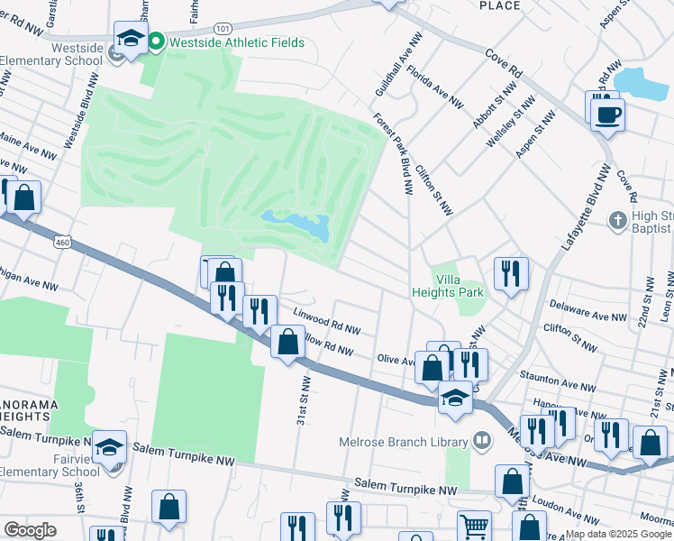map of restaurants, bars, coffee shops, grocery stores, and more near 1100 Golfside Avenue Northwest in Roanoke