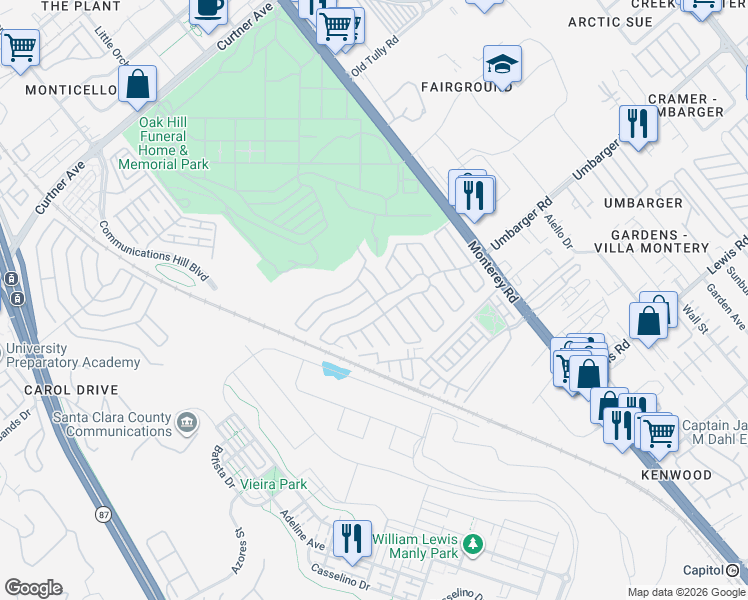 map of restaurants, bars, coffee shops, grocery stores, and more near 341 Chateau La Salle Drive in San Jose