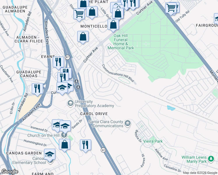 map of restaurants, bars, coffee shops, grocery stores, and more near 405 Mill Pond Drive in San Jose
