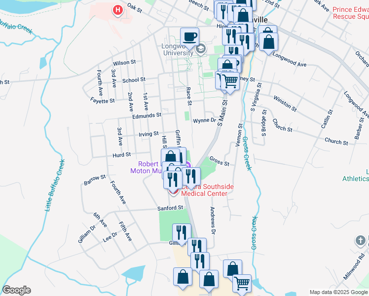 map of restaurants, bars, coffee shops, grocery stores, and more near 718 Griffin Boulevard in Farmville