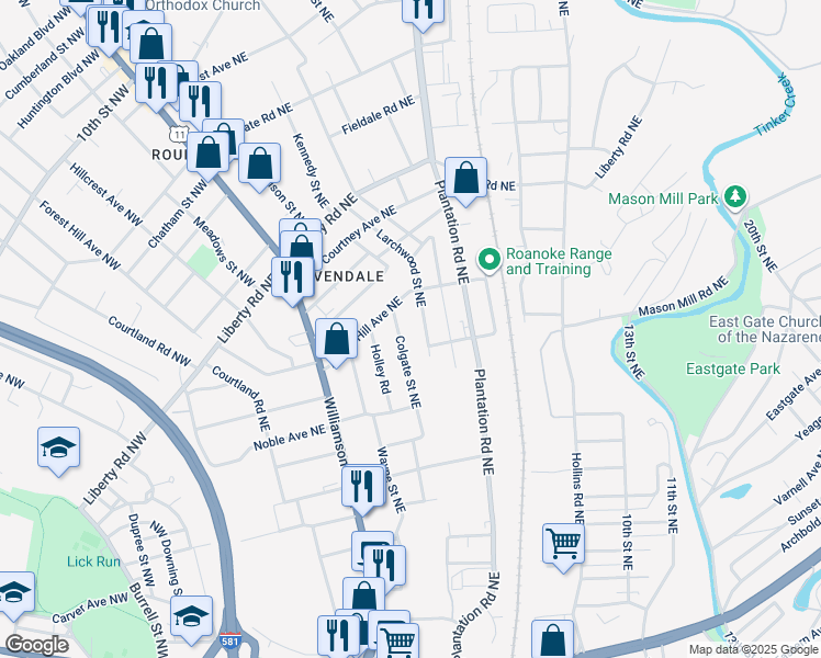 map of restaurants, bars, coffee shops, grocery stores, and more near 2127 Colgate Street Northeast in Roanoke