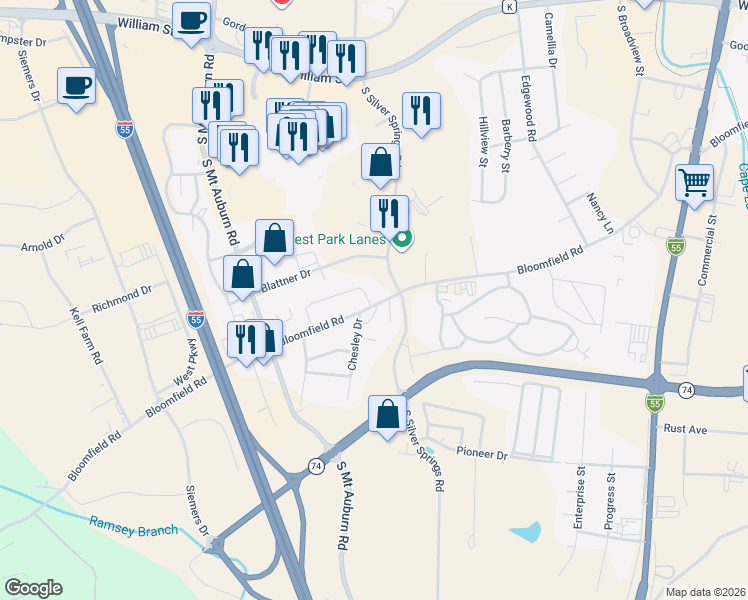 map of restaurants, bars, coffee shops, grocery stores, and more near 3105 Park Place Drive in Cape Girardeau