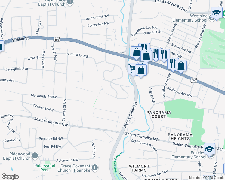 map of restaurants, bars, coffee shops, grocery stores, and more near 926 Glenn Ridge Road Northwest in Roanoke