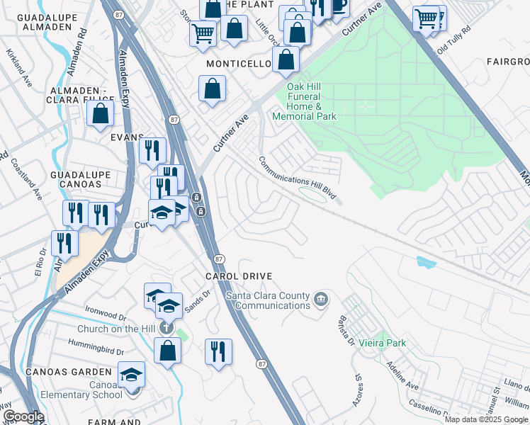 map of restaurants, bars, coffee shops, grocery stores, and more near 491 Mill Pond Drive in San Jose