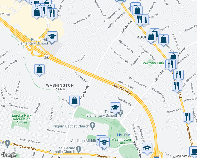 map of restaurants, bars, coffee shops, grocery stores, and more near US Highway 220 in Roanoke