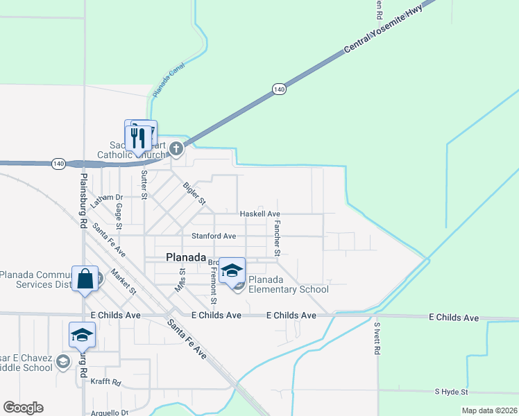 map of restaurants, bars, coffee shops, grocery stores, and more near in Planada