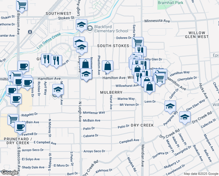 map of restaurants, bars, coffee shops, grocery stores, and more near 1657 Hurst Avenue in San Jose